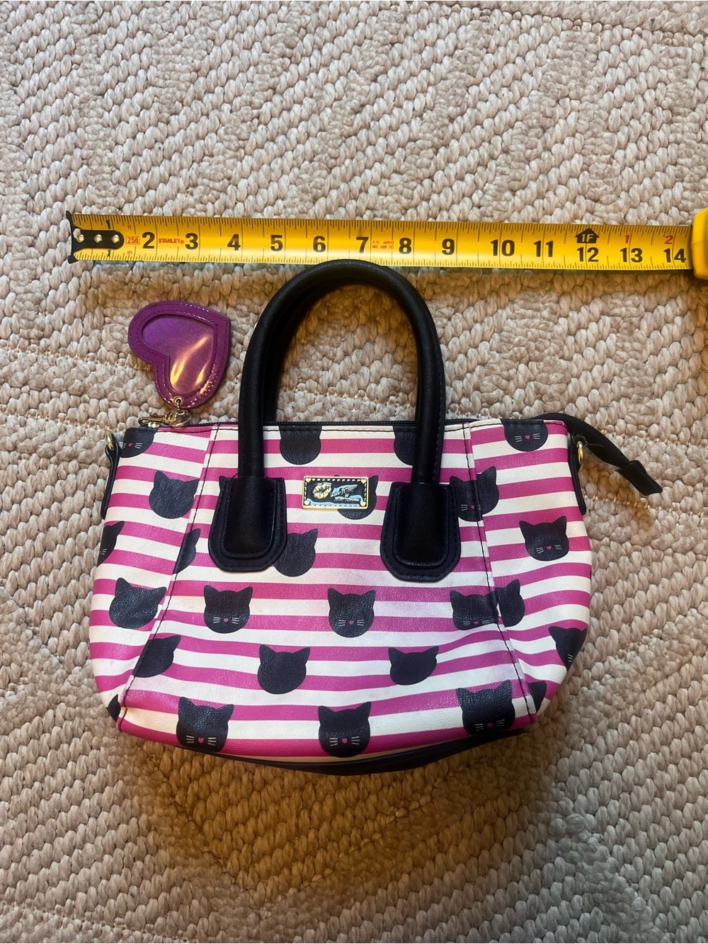 Betsey Johnson Pink & Black Striped Cat-Print Mini Satchel